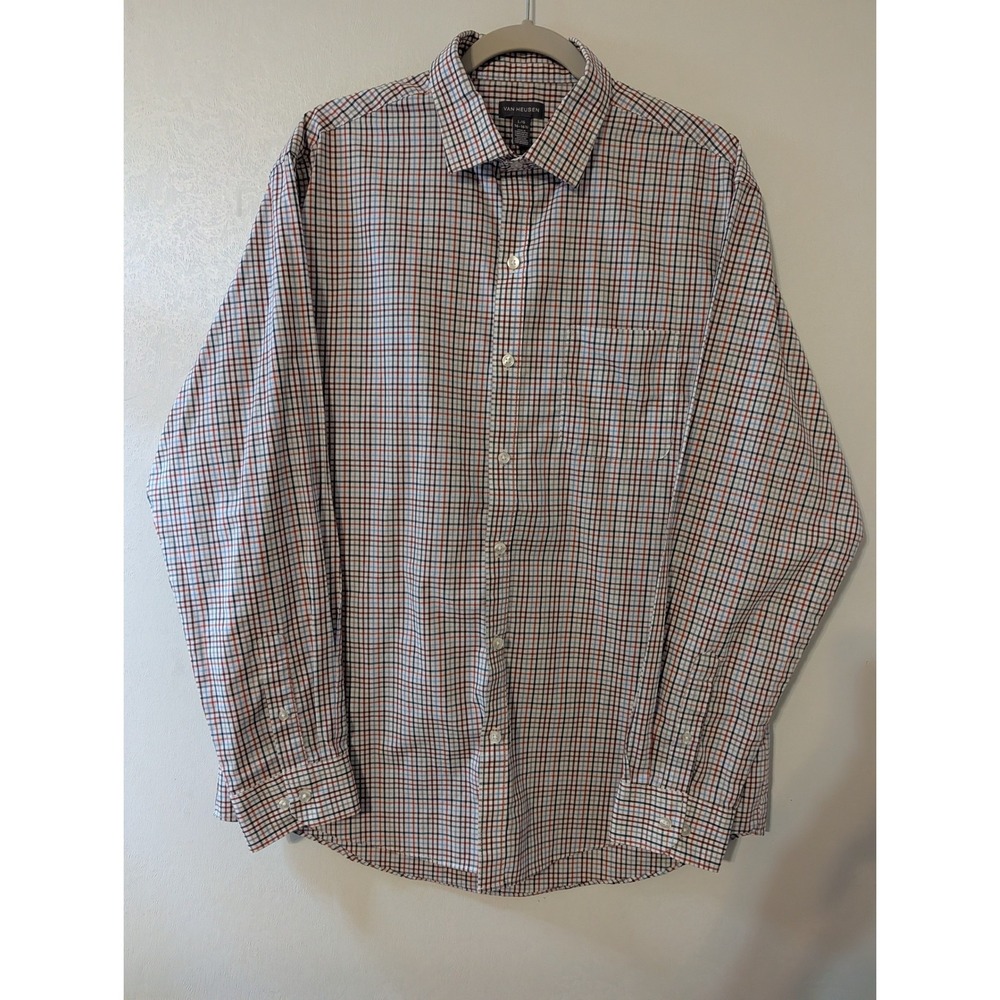 Van Heusen Mens Large Long Sleeve Button Down Check Dress Shirt Red Blue White